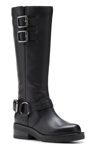 Tall black leather boot with two buckles on the upper part of the boot and another buckle around the ankle.