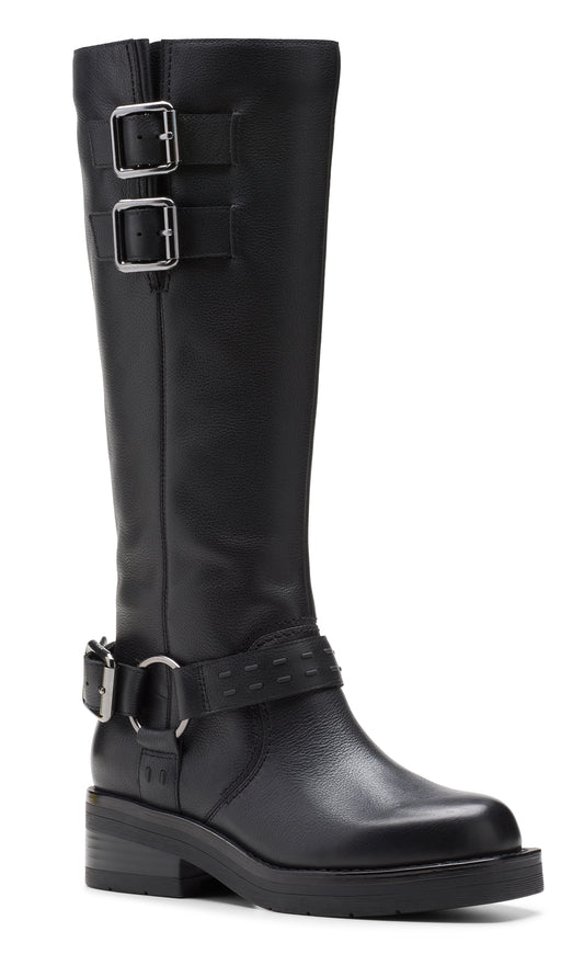 Tall black leather boot with two buckles on the upper part of the boot and another buckle around the ankle.