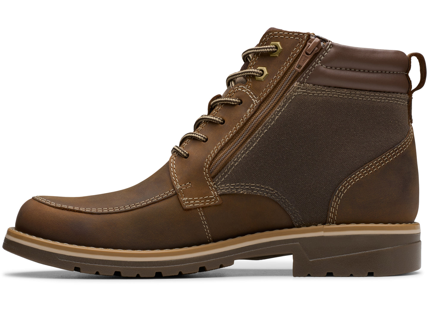Brown leather ankle boot with laces and side zipper.
