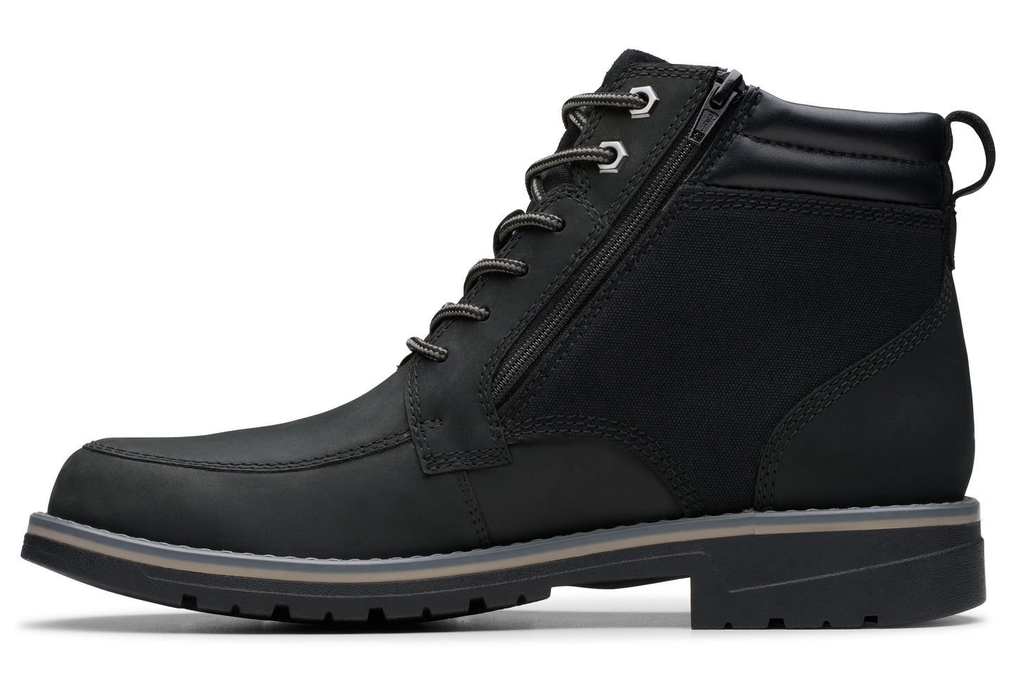 Black ankle-high boot with laces and side zipper.