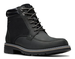 Black ankle boot with lace-up closure, metal eyelets, and textured sole.