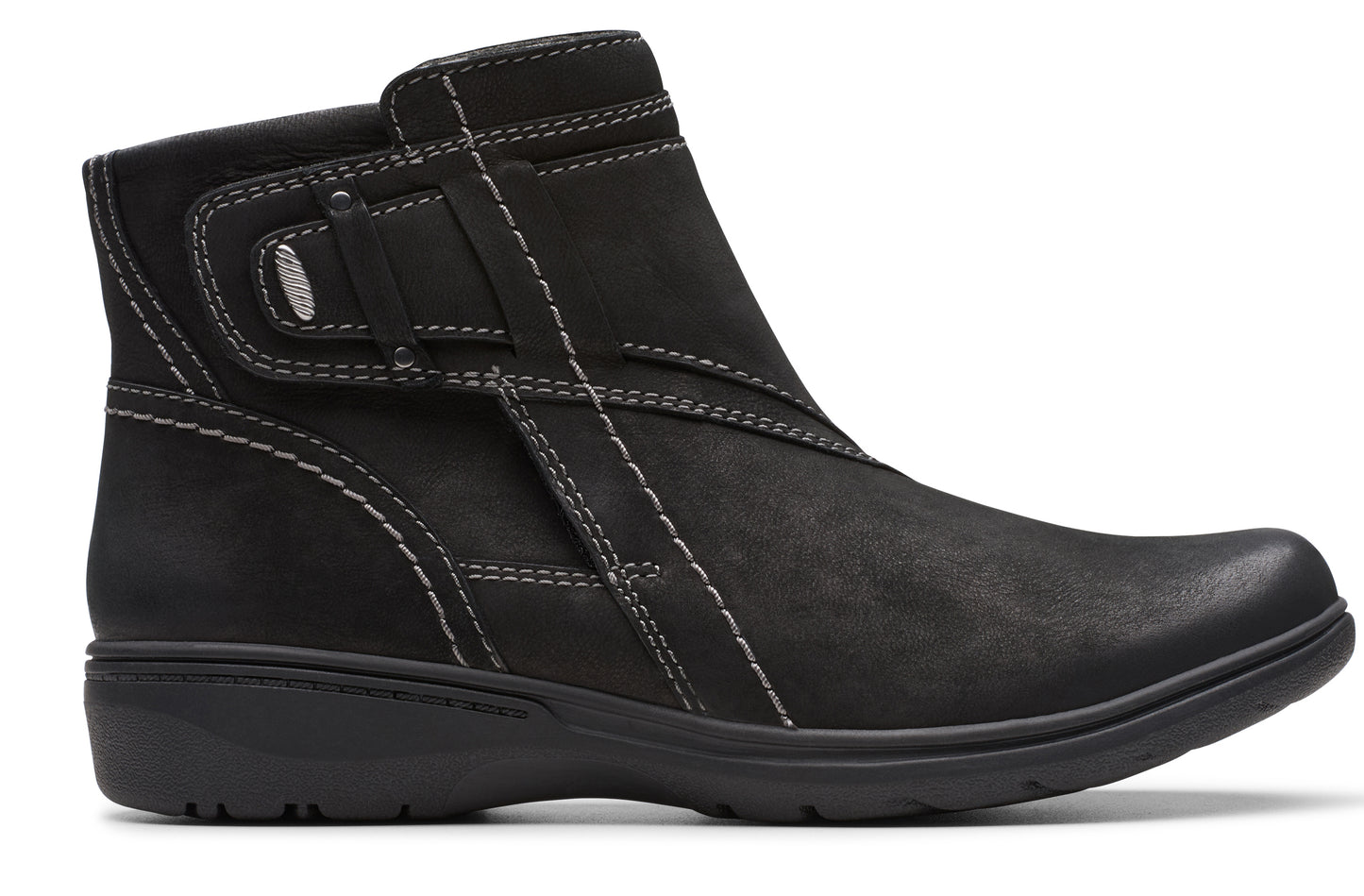 Black ankle boot with side zipper and decorative stitching.