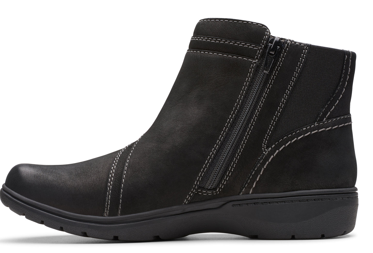 Black ankle boot with side zipper, round toe, and a low heel.