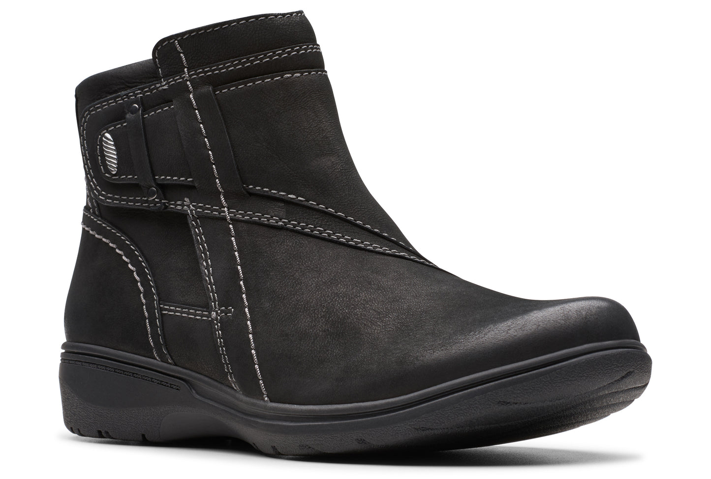 Black ankle boot with white stitching detail and side buckle.