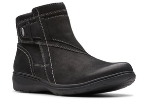 Black ankle boot with white stitching detail and side buckle.