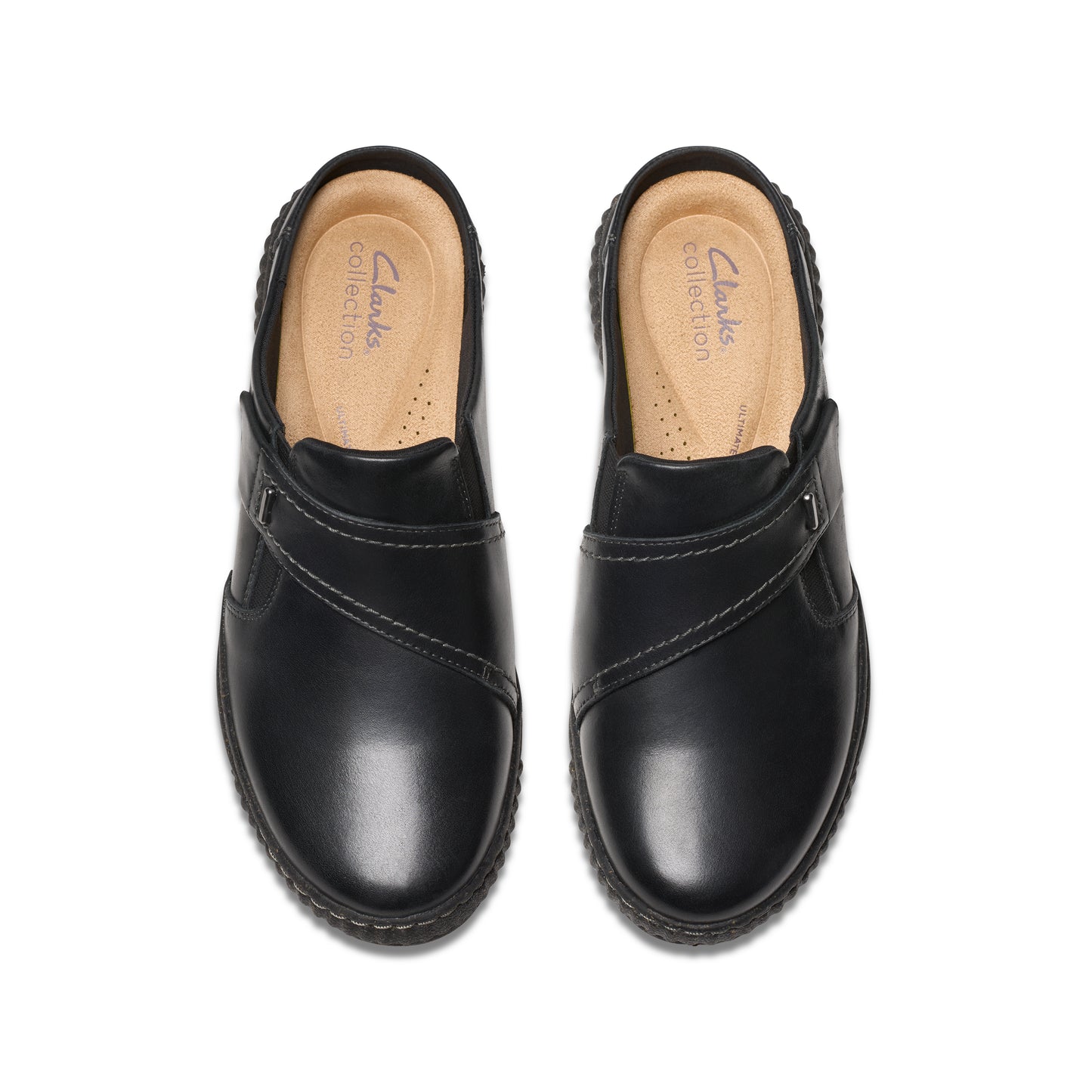 Top-down view of two black leather clogs with straps, with the words 'Clarks collection' printed inside.