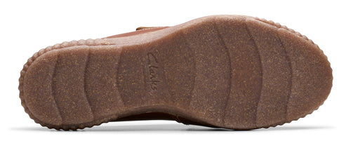 Brown shoe sole with a ridged pattern.