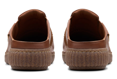 Pair of brown leather mules, viewed from the back.