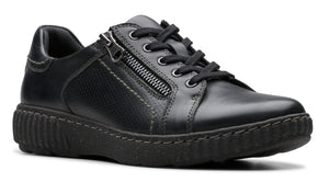 Black leather sneaker with side zipper and lace-up closure.