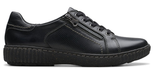 A black leather shoe with a zipper closure.