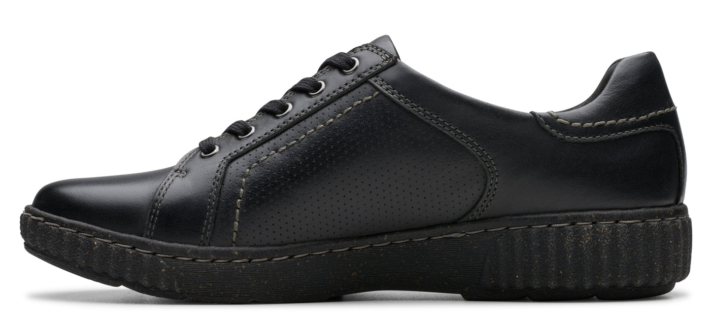 A black leather-like shoe with laces and a thick, dark sole.