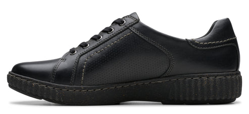 A black leather-like shoe with laces and a thick, dark sole.