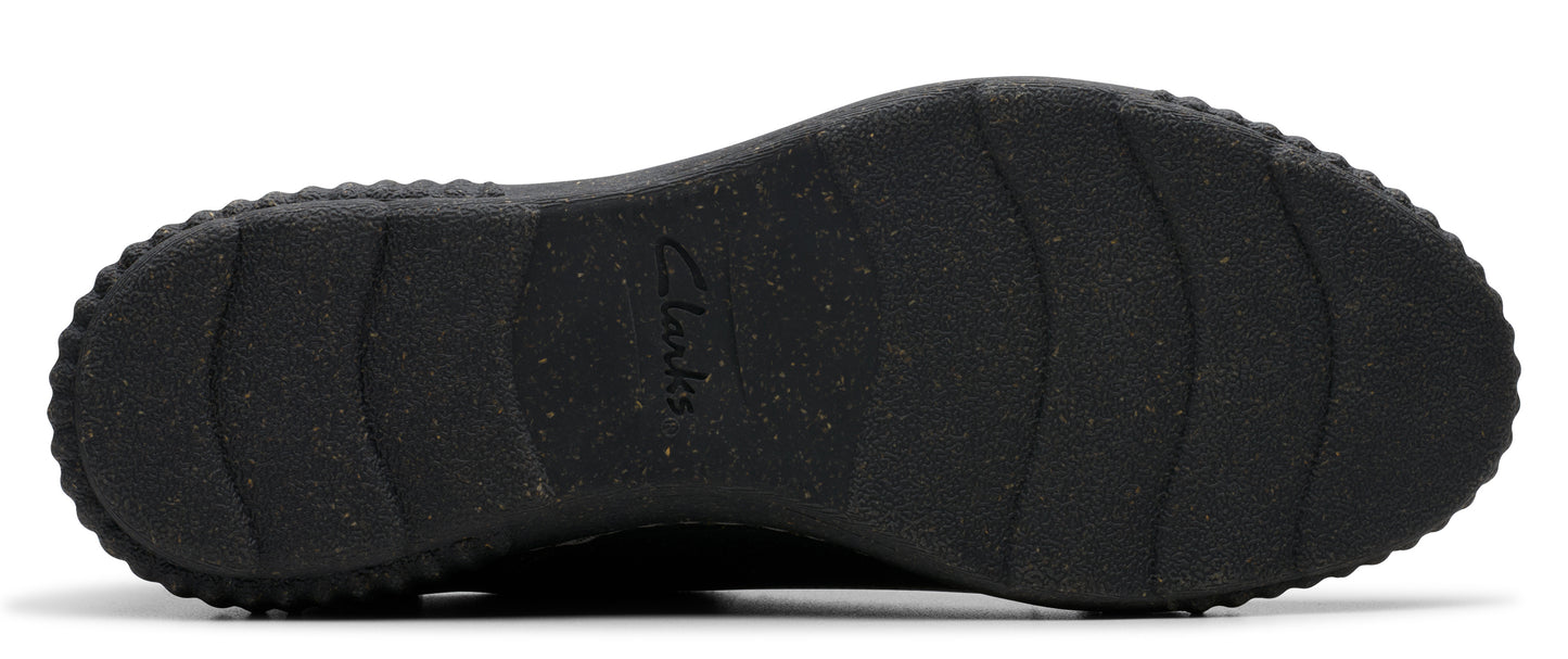 Black shoe sole with tire-like tread.