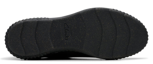 Black shoe sole with tire-like tread.