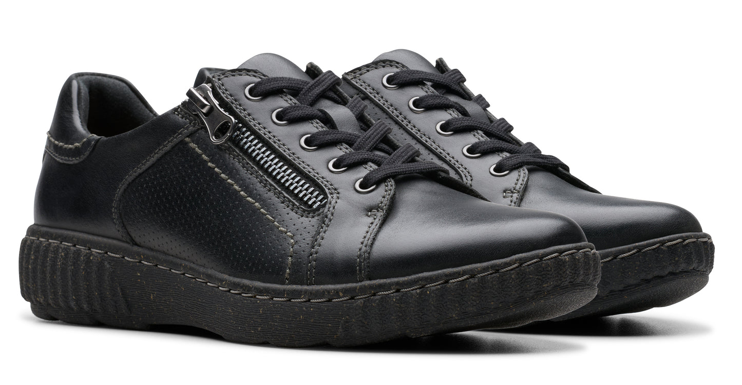 Pair of black leather sneakers with black laces and a side zipper on one side.