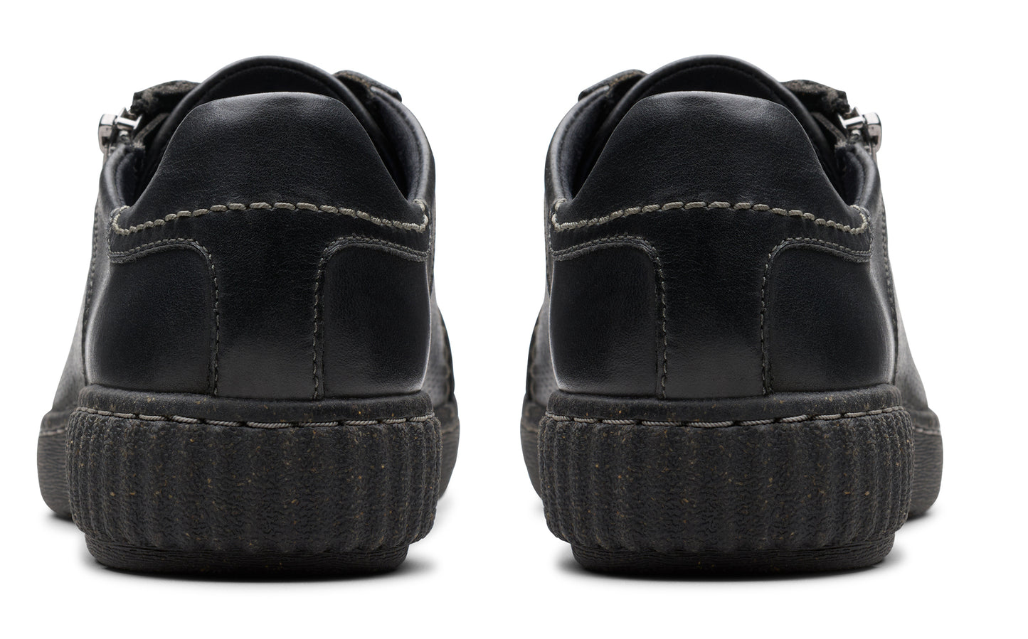 Pair of black leather shoes with thick black soles, viewed from the back.