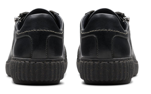 Pair of black leather shoes with thick black soles, viewed from the back.