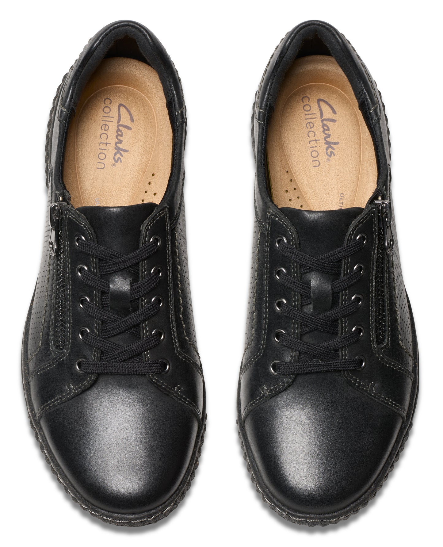 Pair of black leather low-rise sneakers with laces and side zipper.