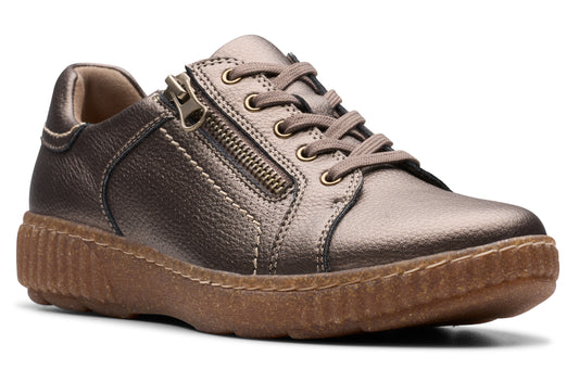 Bronze-colored leather sneaker with side zipper and brown sole.
