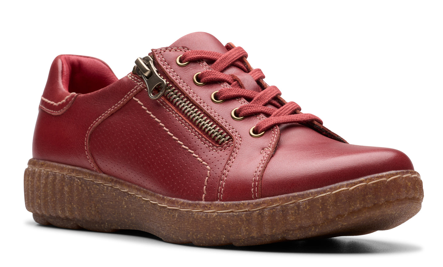 Red leather sneaker with laces and a zipper on the side.