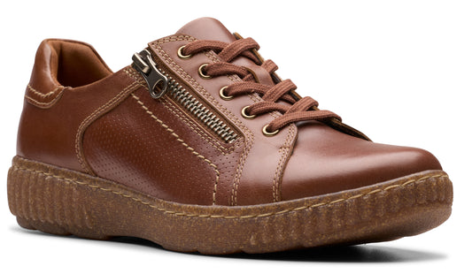 Brown leather shoe with laces and zipper.