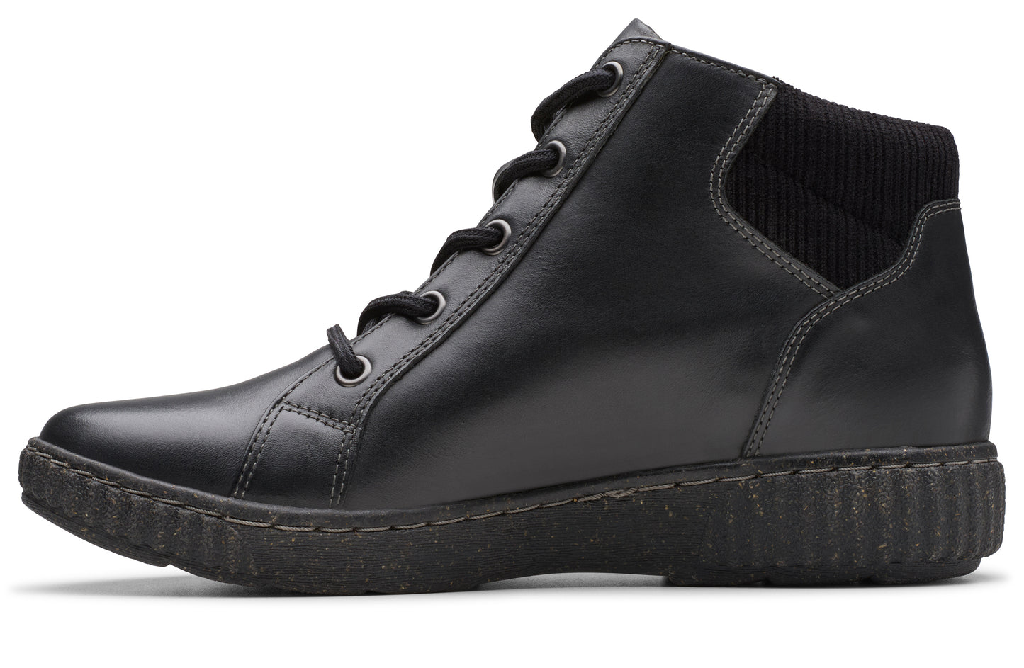 A black leather boot with black laces and a ribbed ankle cuff.