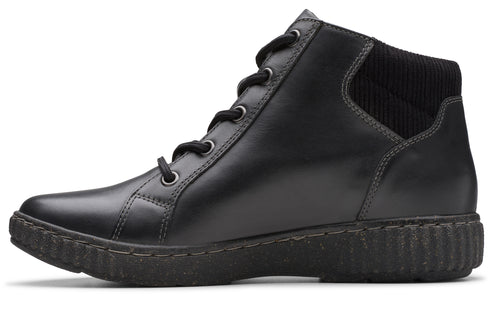 A black leather boot with black laces and a ribbed ankle cuff.