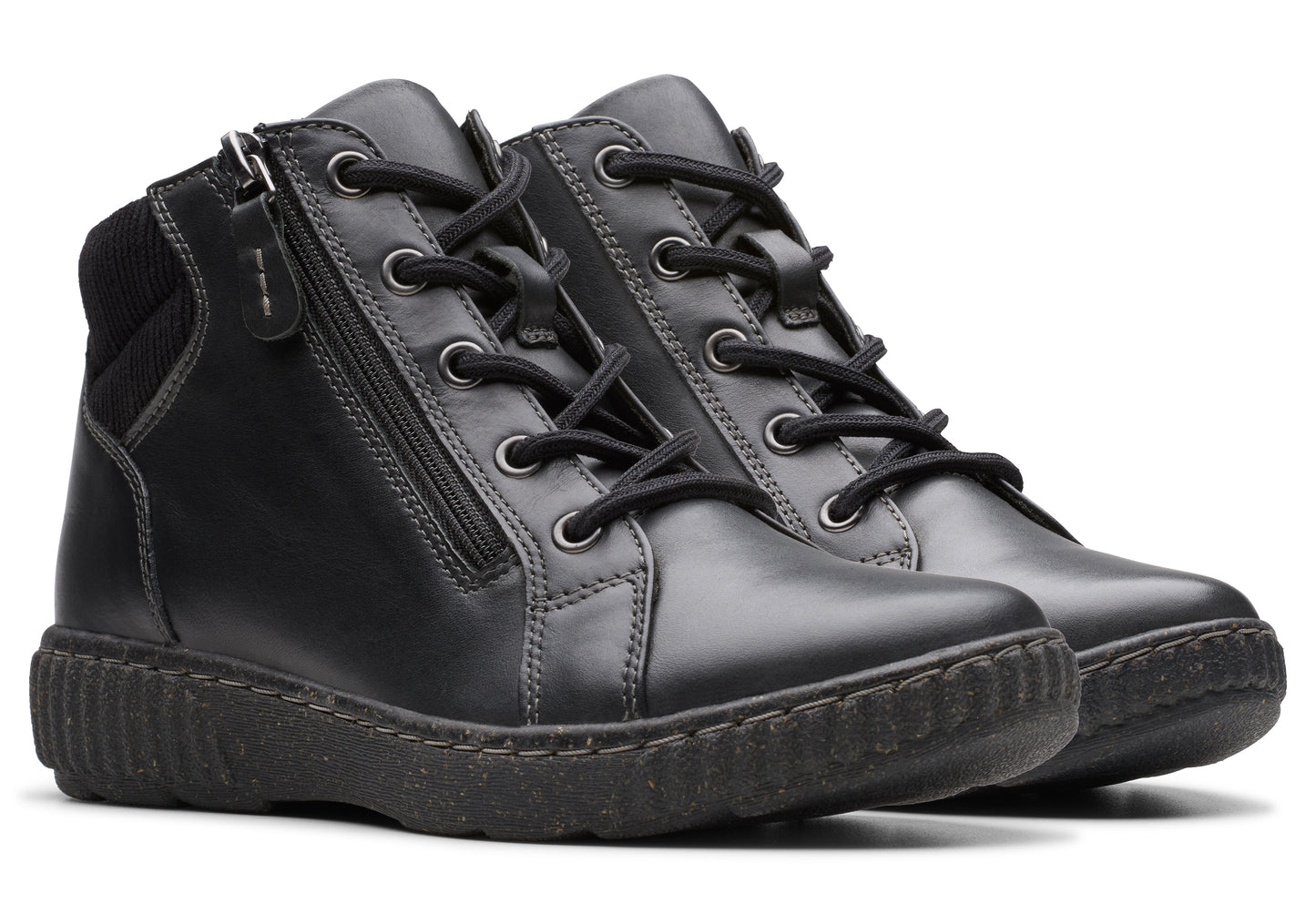 Pair of black leather ankle boots with zipper and laces.