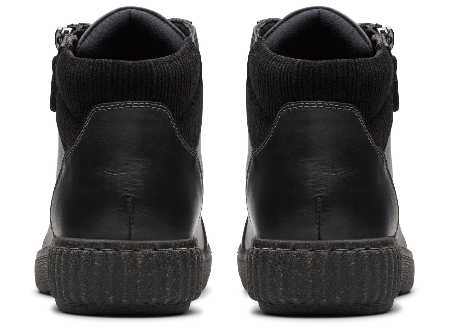 Back view of two black high-top shoes with ribbed collars and ridged soles.