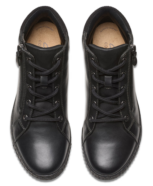 Top-down view of black leather ankle boots with zipper and lace-up closure.