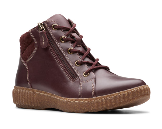 Burgundy ankle boot with side zipper and brown laces.