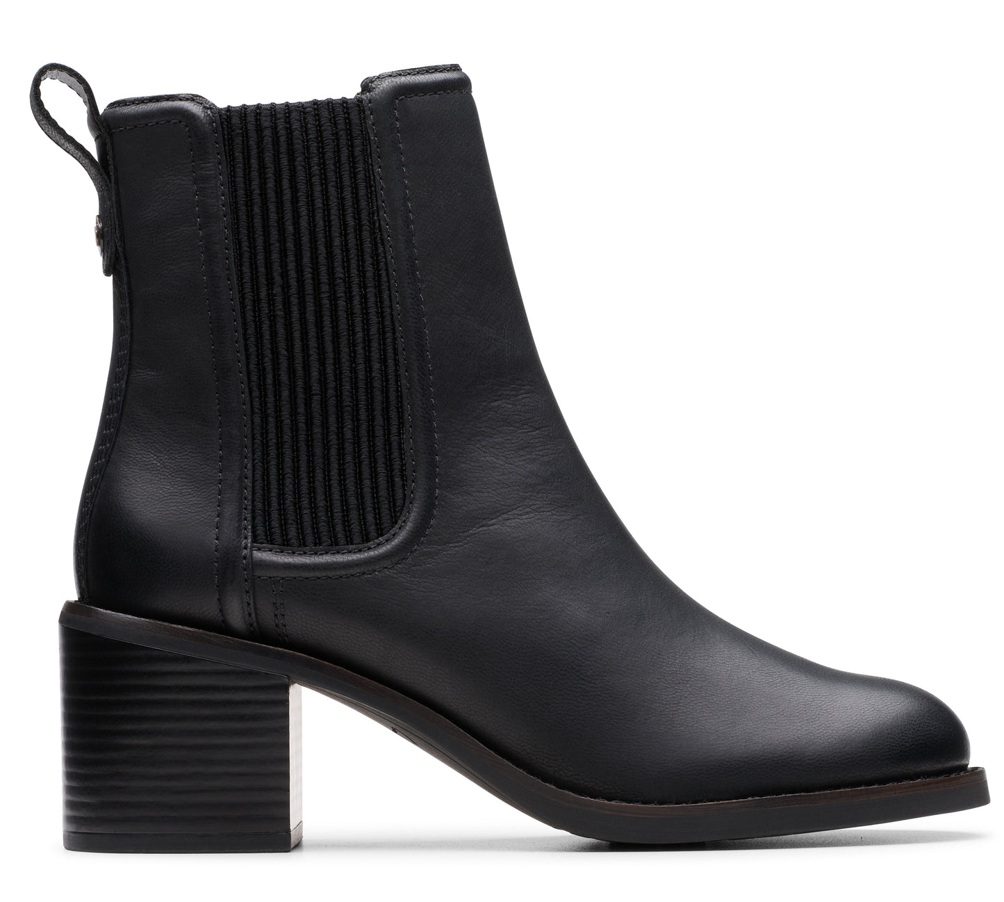 Black leather Chelsea boot with a block heel.