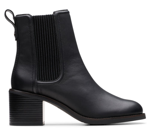 Black leather Chelsea boot with a block heel.