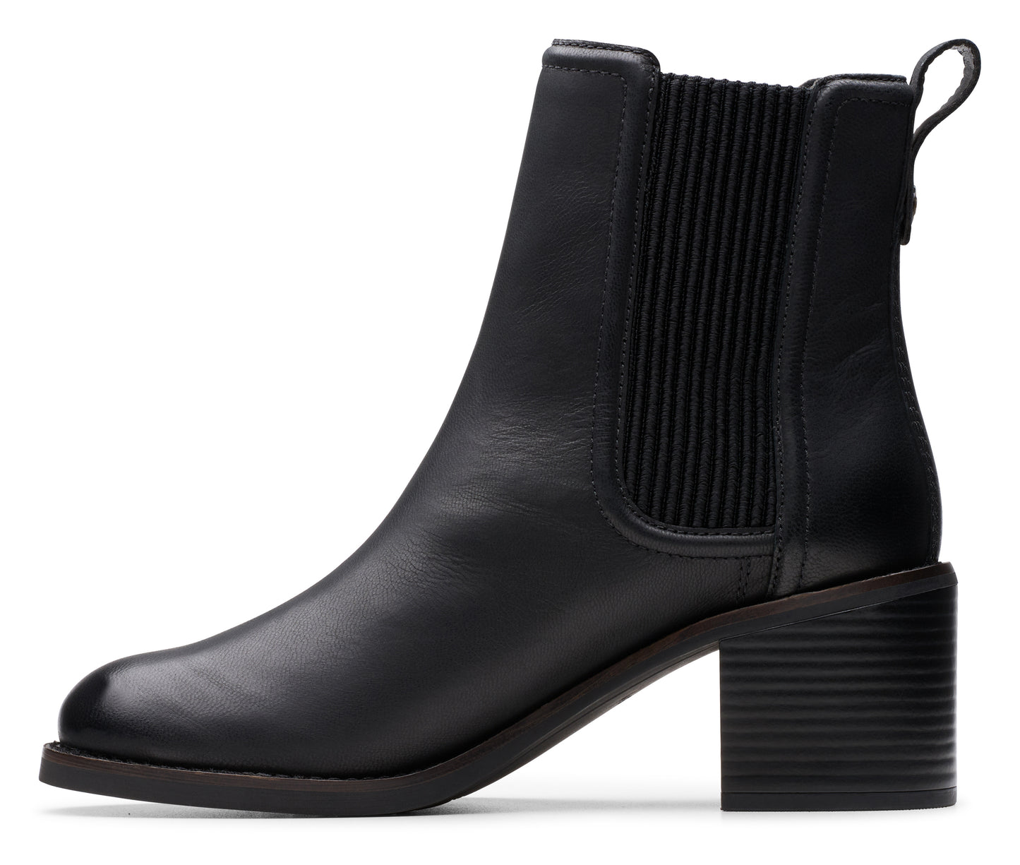 Black leather ankle boot with elastic side panels and block heel.