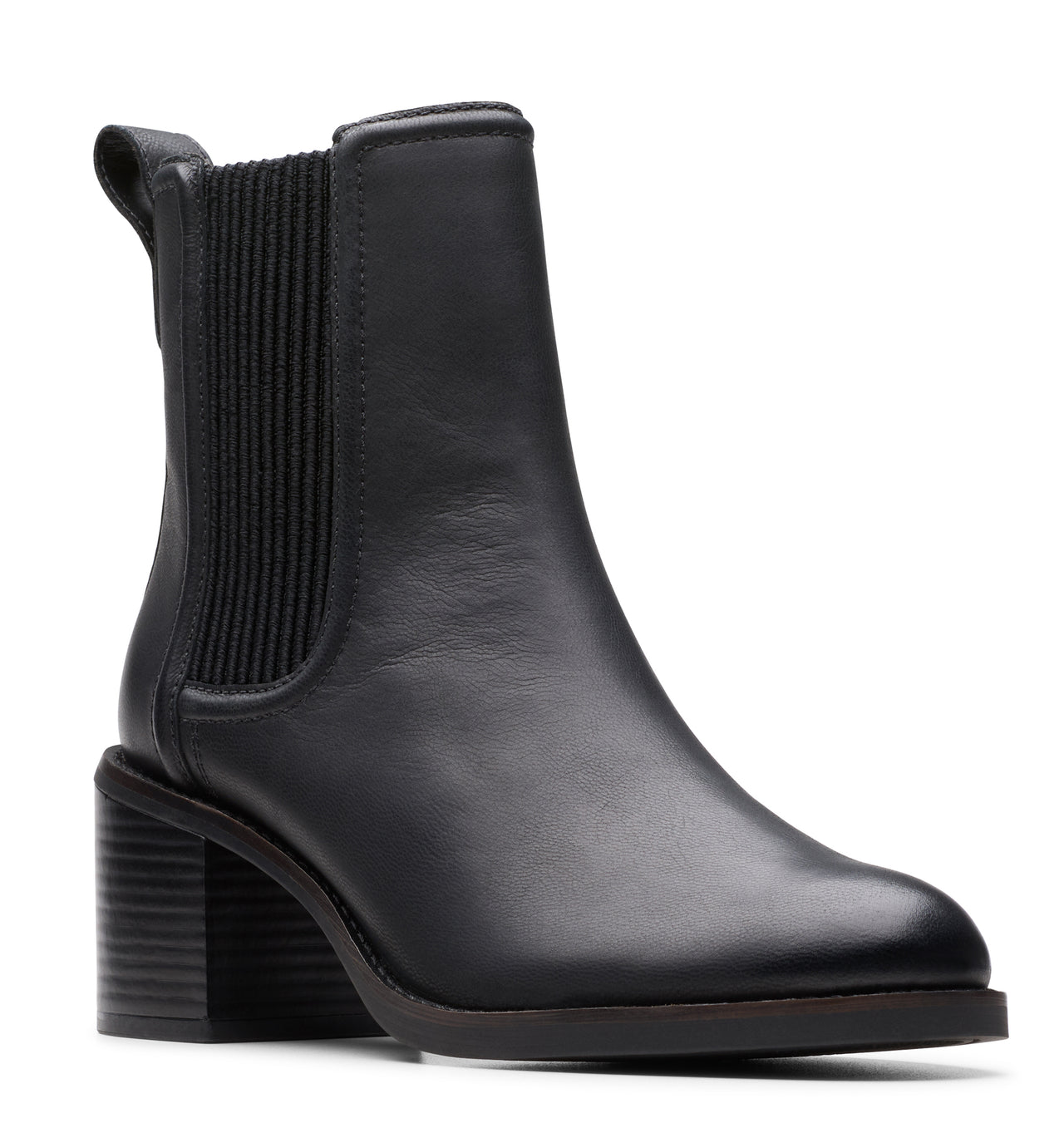 Black leather Chelsea boot with elastic side panels and a block heel.