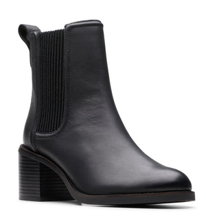 Black leather Chelsea boot with elastic side panels and a block heel.