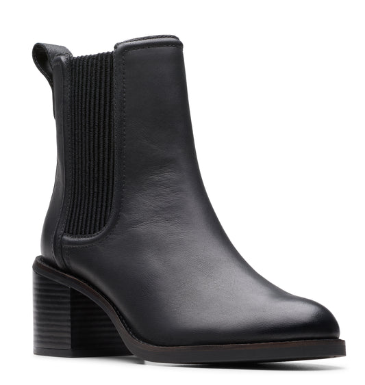 Black leather Chelsea boot with elastic side panels and a block heel.