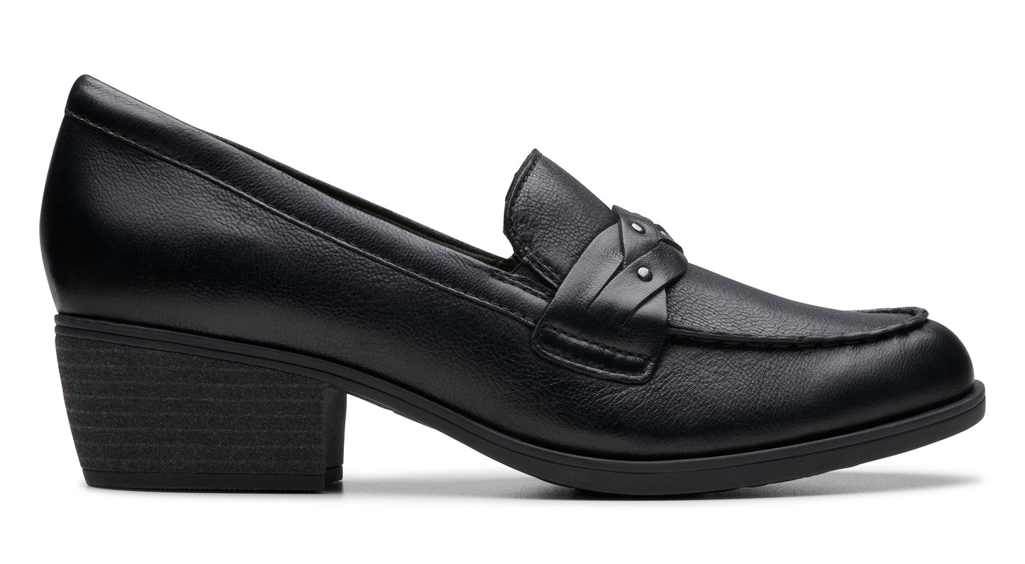 Black leather loafer-style pump with a rounded toe and a short block heel.