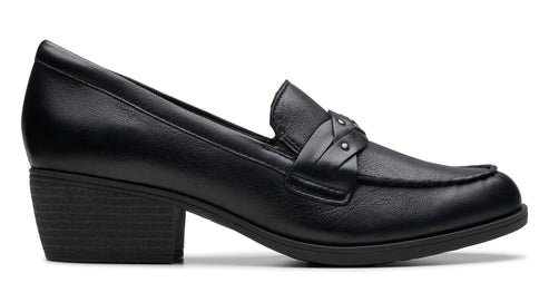 Black leather loafer-style pump with a rounded toe and a short block heel.