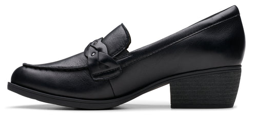 Black leather heeled loafer with a decorative knotted strap.