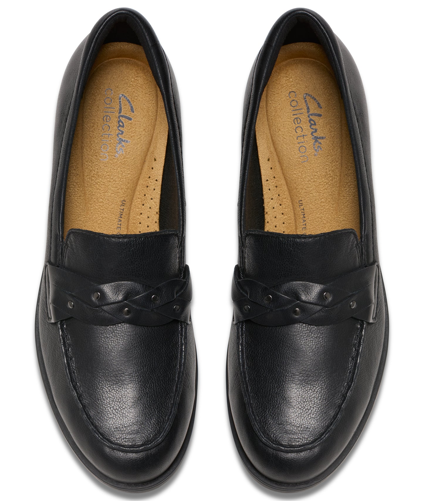 Top-down view of two black leather loafers, with braided detail on top and Clarks Collection insoles.