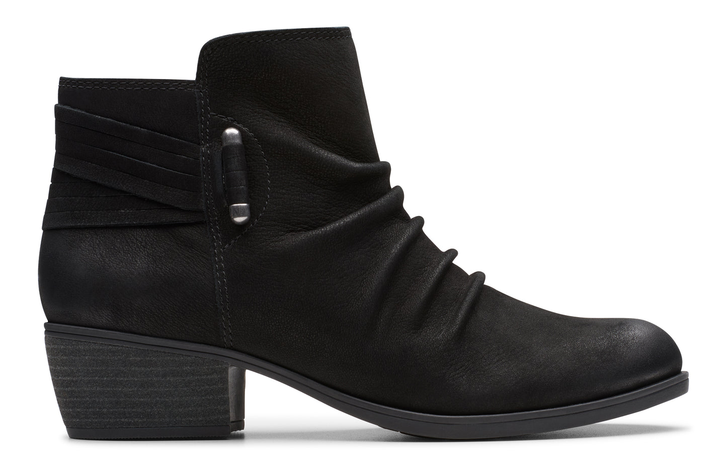 Black ankle boot with a low block heel and decorative straps.