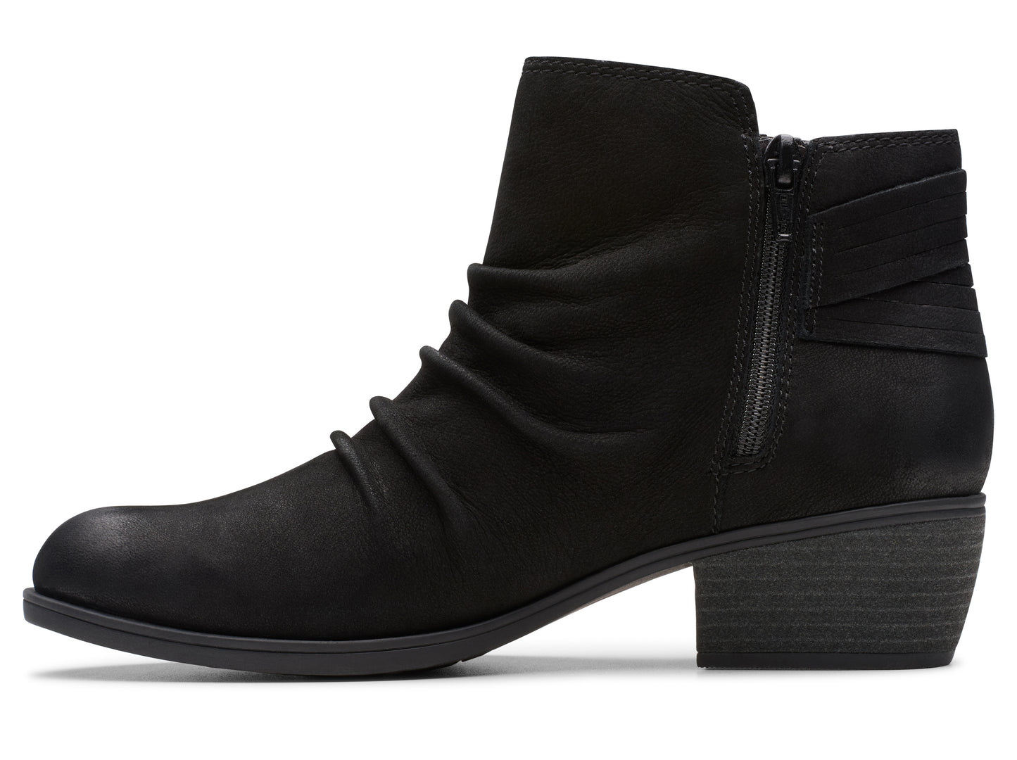 Black ankle boot with side zipper and stacked heel.