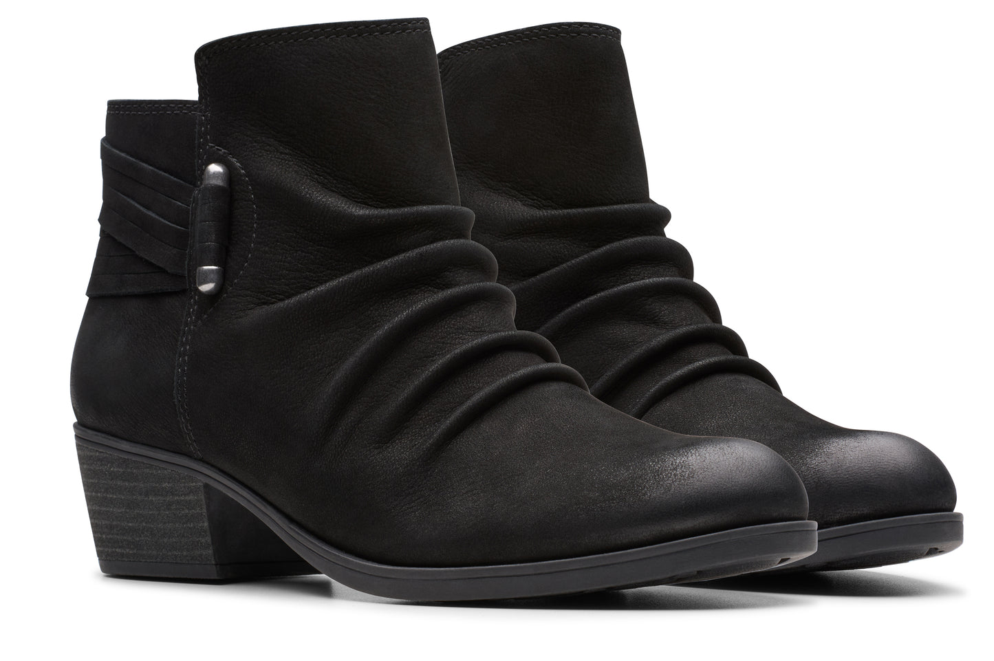 Black ankle boots with gathered front, buckled strap and block heel.