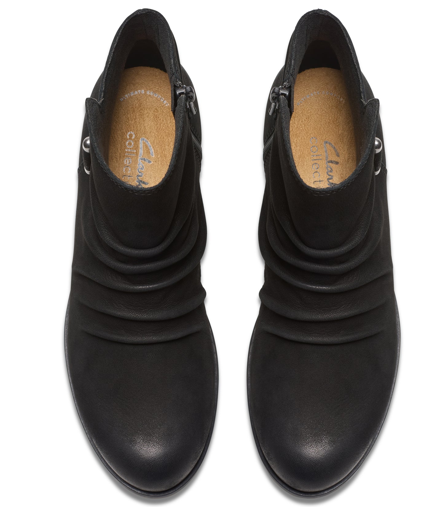 Pair of black, round-toe ankle boots with side zippers and button details.