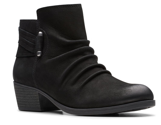 Black leather ankle boot with low block heel and decorative buckle strap