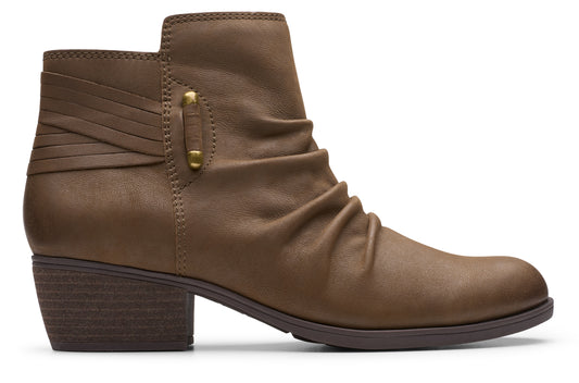 Taupe ankle boot with short block heel and gathered toe