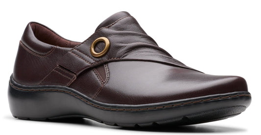 Burgundy leather slip-on shoe with gold ring accent.