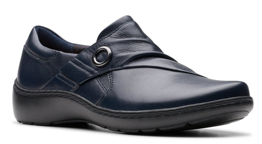 Navy blue leather slip-on shoe with decorative button.