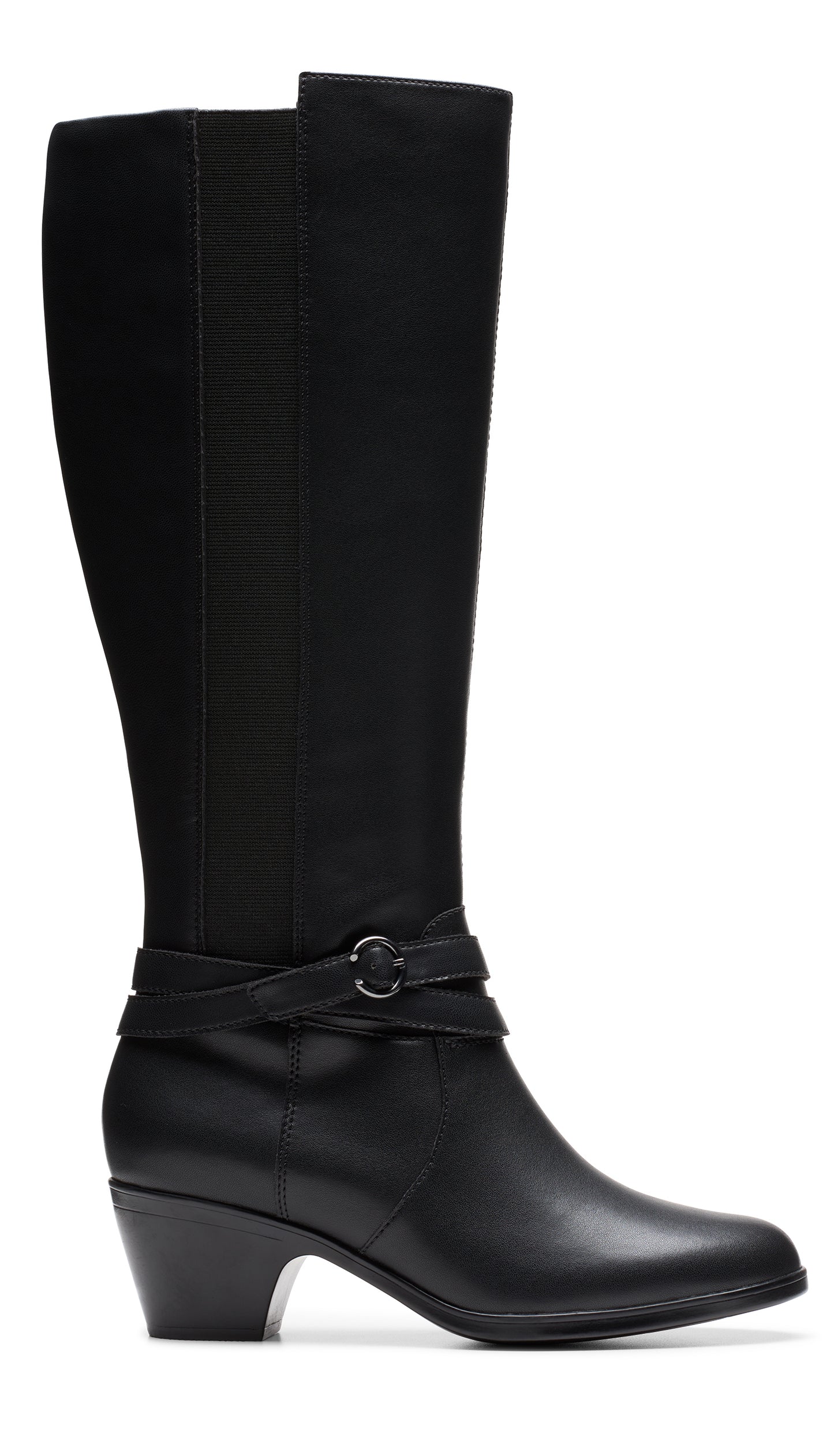 Knee-high black leather boot with a decorative strap and buckle.